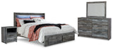 Baystorm King Panel Bed with 2 Storage Drawers with Mirrored Dresser, and Nightstand in Gray - PKG014039