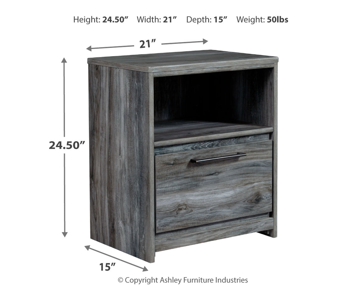 Baystorm King Panel Bed with 2 Storage Drawers with Mirrored Dresser, and Nightstand in Gray - PKG014039