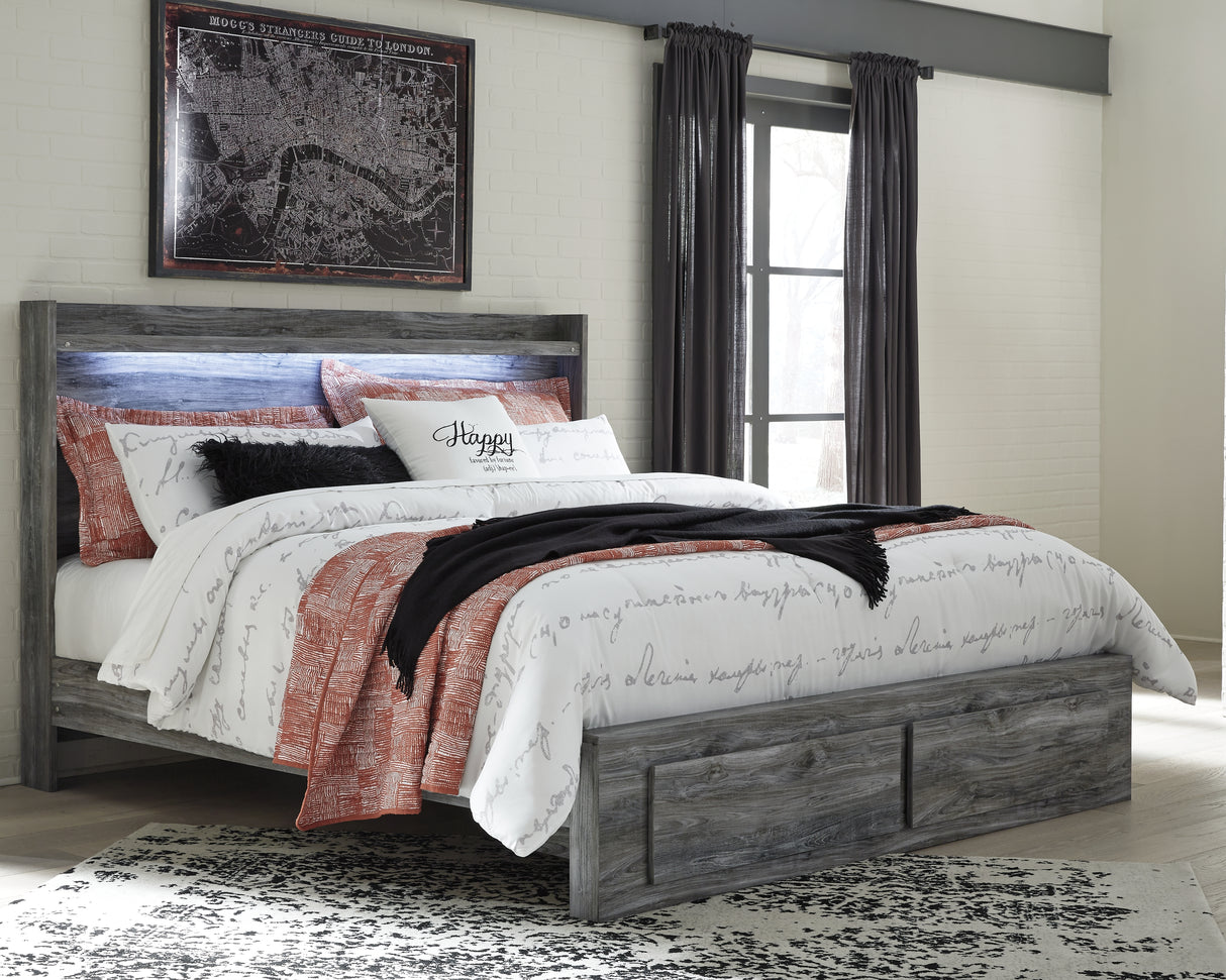 Baystorm King Panel Bed with 2 Storage Drawers with Mirrored Dresser, and Nightstand in Gray - PKG014039