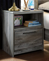 Baystorm King Panel Bed with 2 Storage Drawers with Mirrored Dresser, and Nightstand in Gray - PKG014039