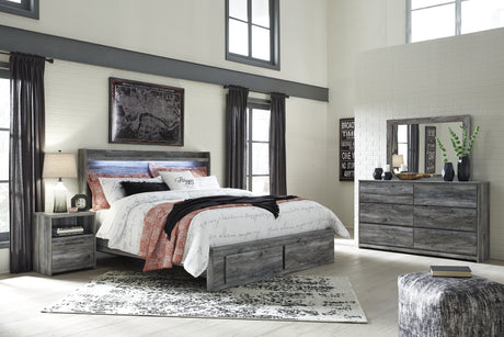 Baystorm King Panel Bed with 2 Storage Drawers with Mirrored Dresser, and Nightstand in Gray - PKG014039