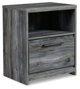 Baystorm King Panel Bed with 2 Storage Drawers with Mirrored Dresser, and Nightstand in Gray - PKG014039