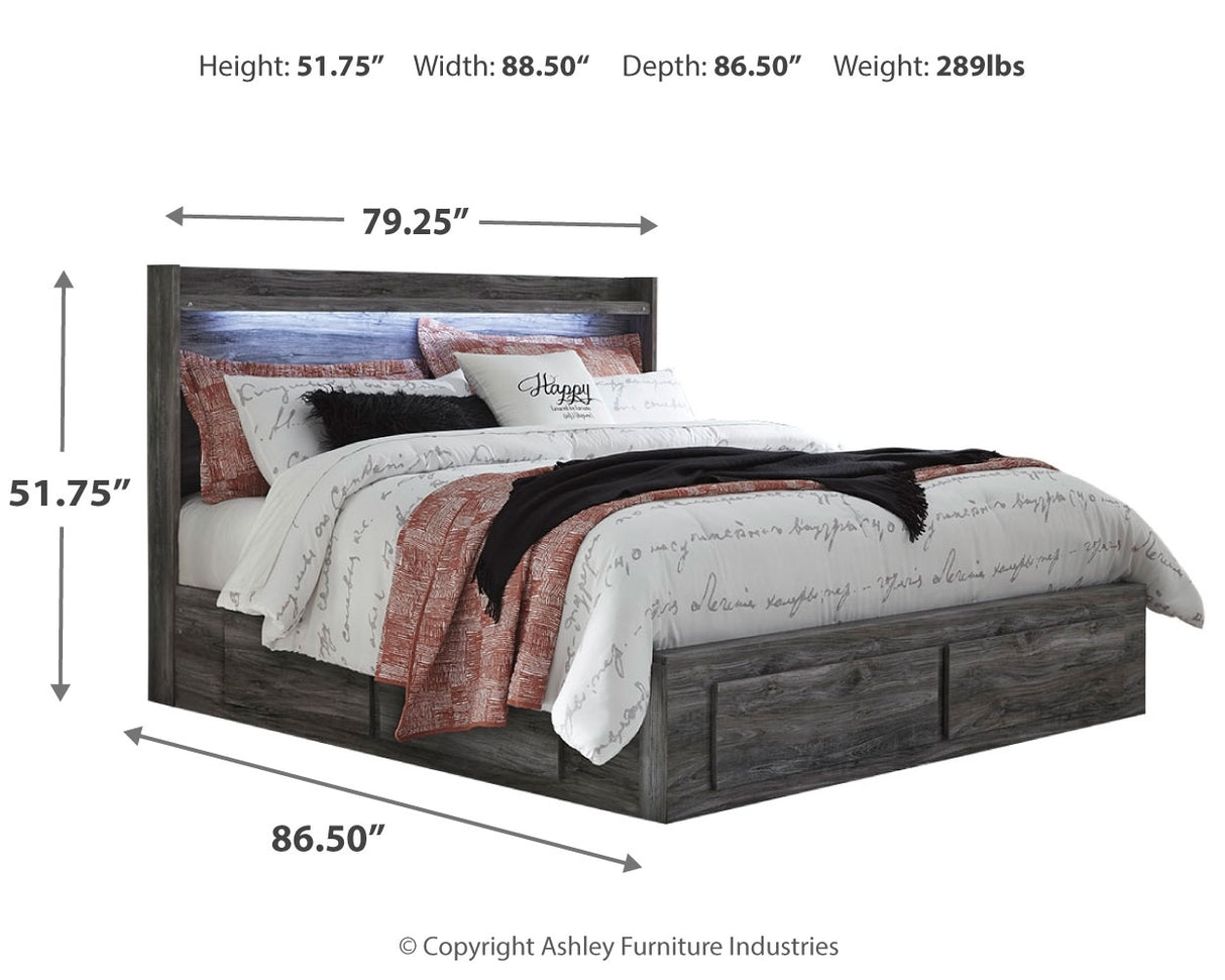 Baystorm King Panel Bed with 2 Storage Drawers with Mirrored Dresser, and Nightstand in Gray - PKG014039