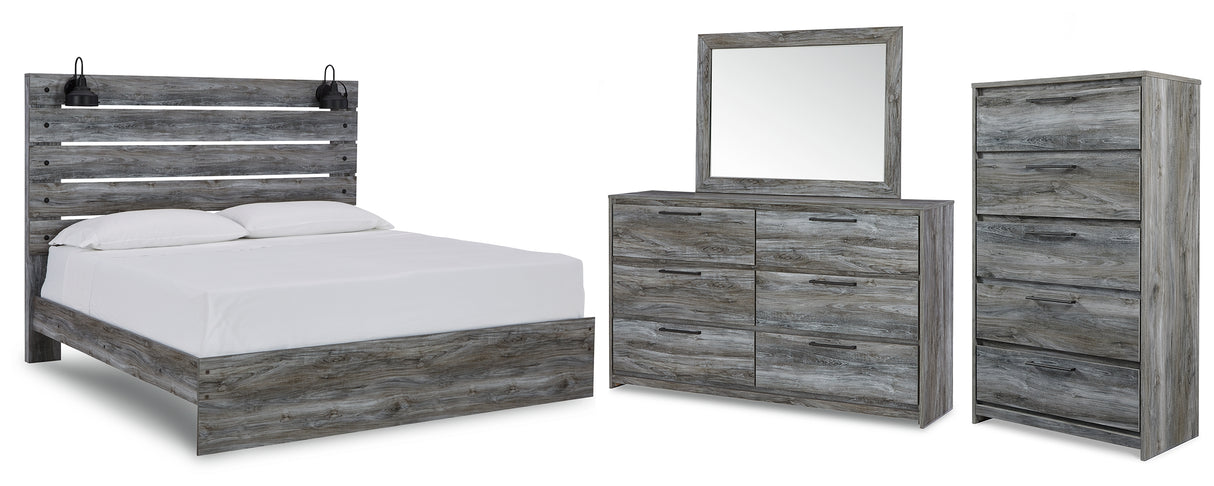 Baystorm King Panel Bed with Mirrored Dresser and Chest in Gray - PKG011683