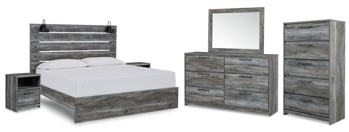 Baystorm King Panel Bed with Mirrored Dresser, Chest and 2 Nightstands in Gray - PKG011685