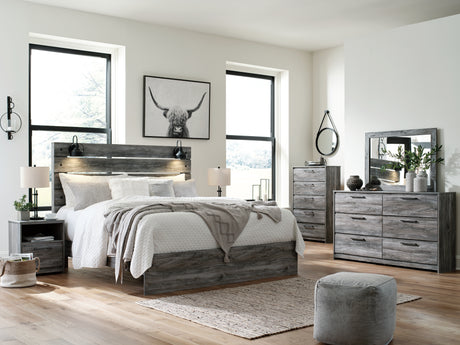 Baystorm King Panel Bed with Mirrored Dresser, Chest and 2 Nightstands in Gray - PKG011685