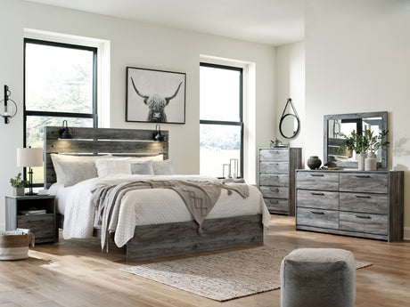 Baystorm King Panel Bed with Mirrored Dresser, Chest and Nightstand in Gray - PKG011684