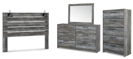 Baystorm King Panel Headboard with Mirrored Dresser and Chest in Gray - PKG011695