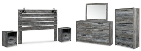 Baystorm King Panel Headboard with Mirrored Dresser, Chest and 2 Nightstands in Gray - PKG011697