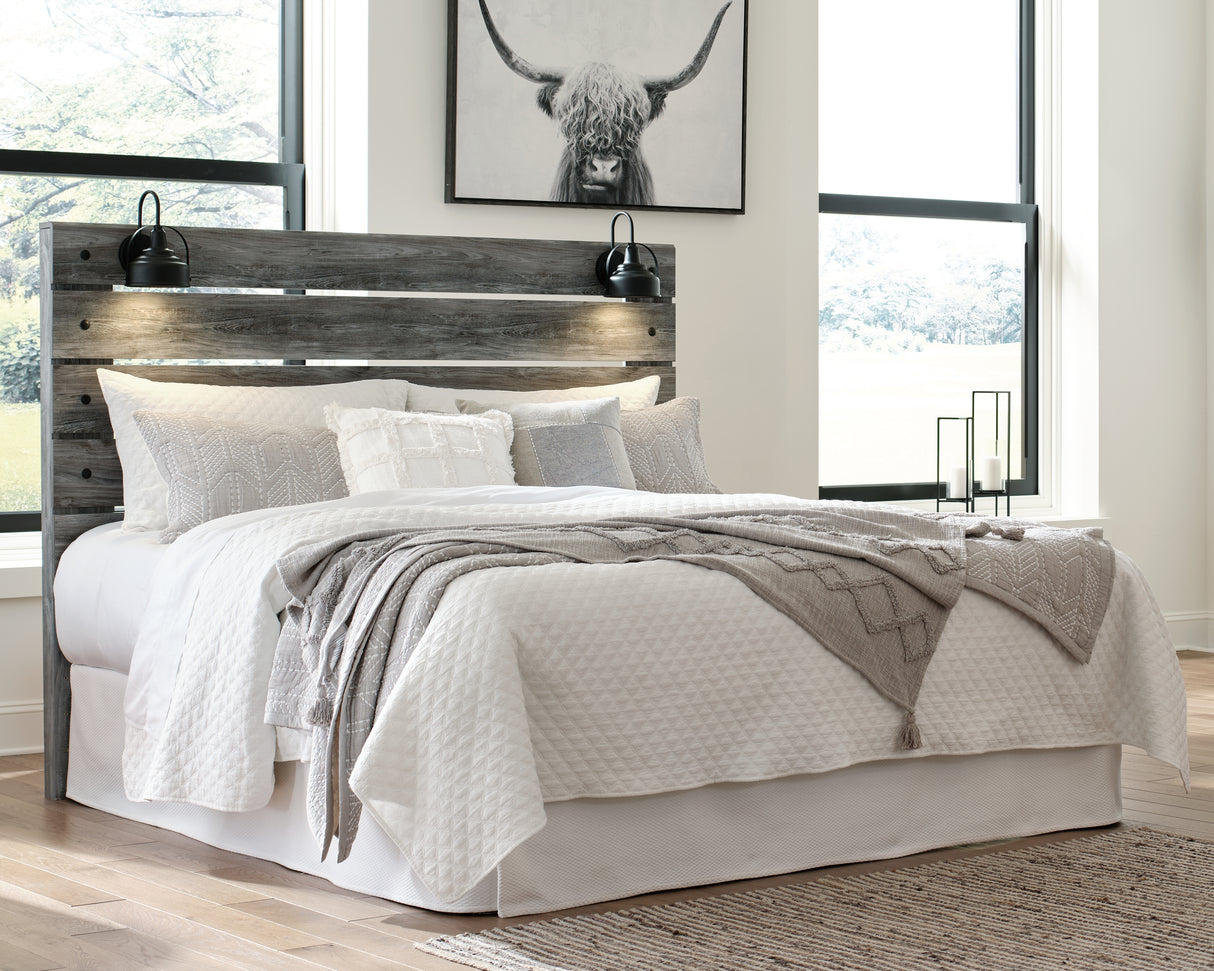 Baystorm King Panel Headboard with Mirrored Dresser, Chest and Nightstand in Gray from Ashley - Luna Furniture