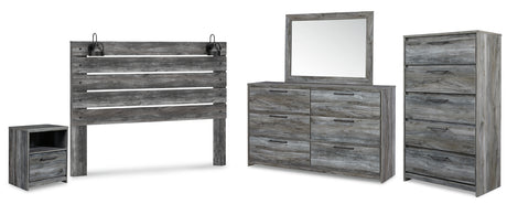 Baystorm King Panel Headboard with Mirrored Dresser, Chest and Nightstand in Gray - PKG011696