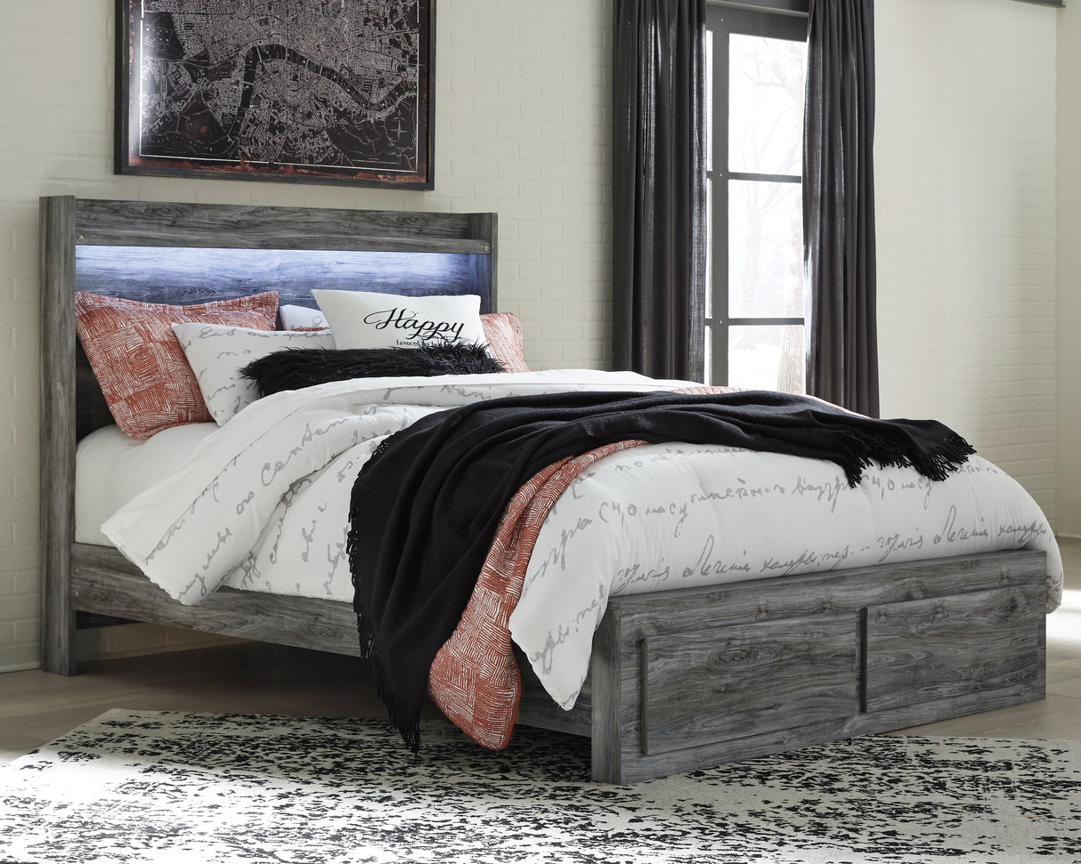 Baystorm Queen Panel Bed with 2 Storage Drawers with Mirrored Dresser and Nightstand in Gray from Ashley - Luna Furniture