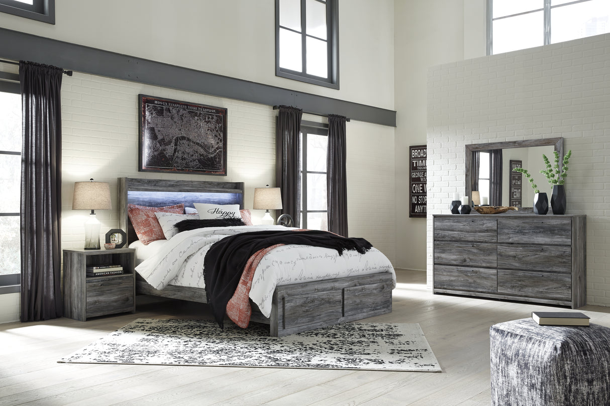 Baystorm Queen Panel Bed with 2 Storage Drawers with Mirrored Dresser and Nightstand in Gray - PKG014038