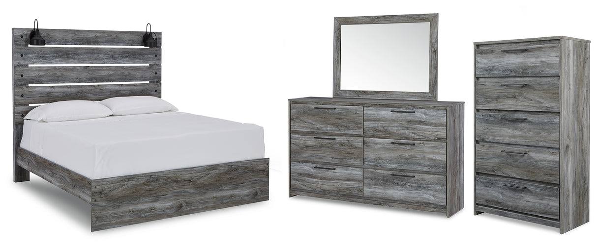 Baystorm Queen Panel Bed with Mirrored Dresser and Chest in Gray - PKG011677