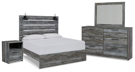 Baystorm Queen Panel Bed with Mirrored Dresser and Nightstand in Gray - PKG014091