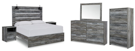 Baystorm Queen Panel Bed with Mirrored Dresser, Chest and 2 Nightstands in Gray - PKG011679