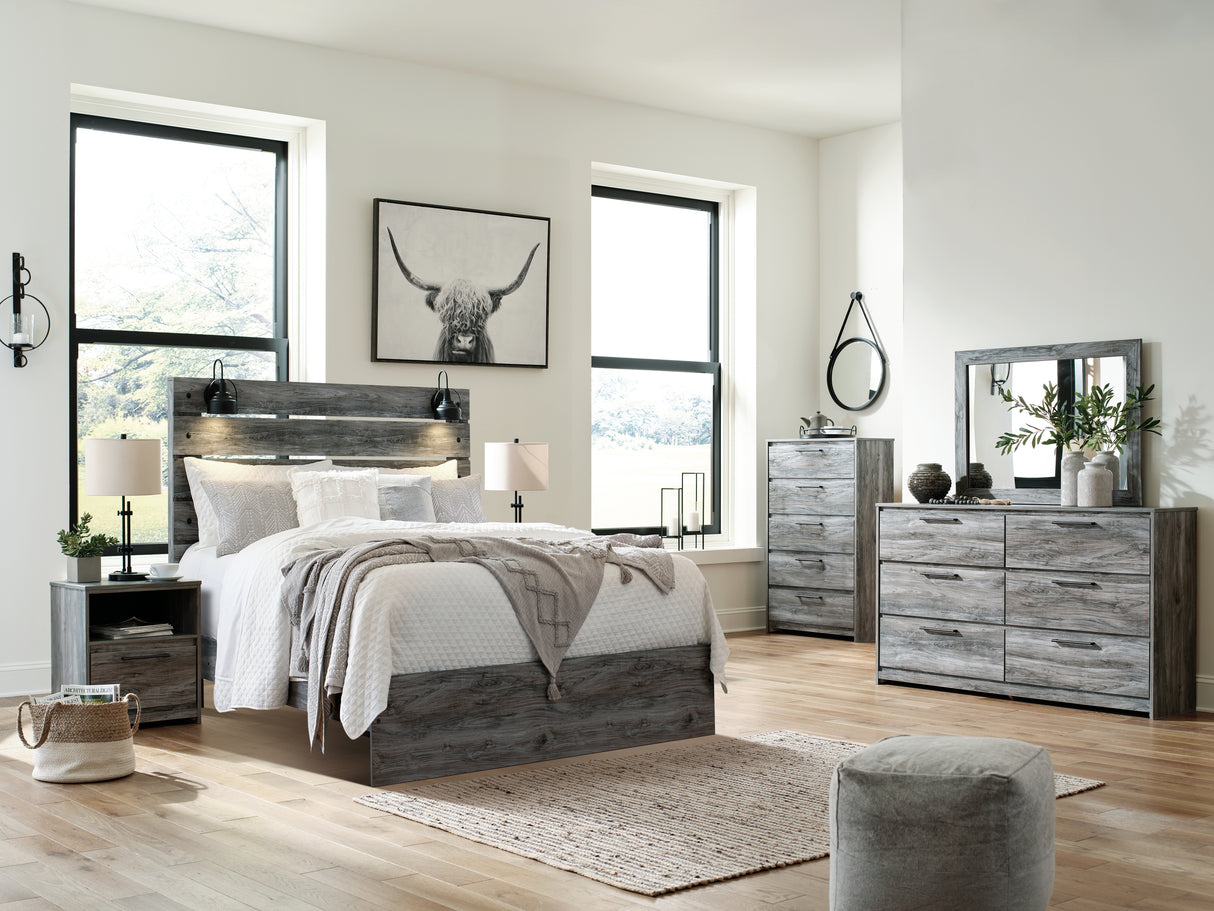 Baystorm Queen Panel Bed with Mirrored Dresser, Chest and 2 Nightstands in Gray - PKG011679