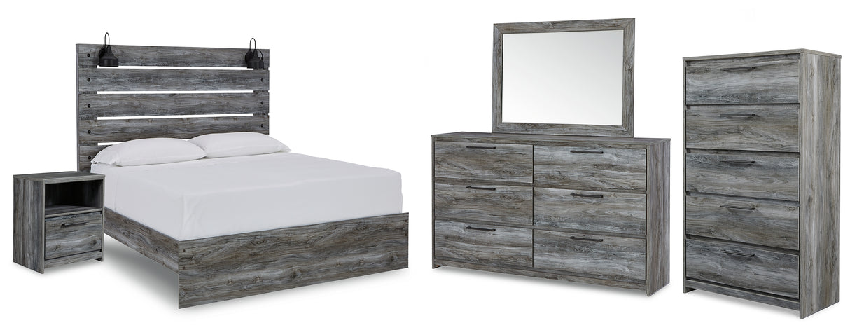 Baystorm Queen Panel Bed with Mirrored Dresser, Chest and Nightstand in Gray - PKG011678