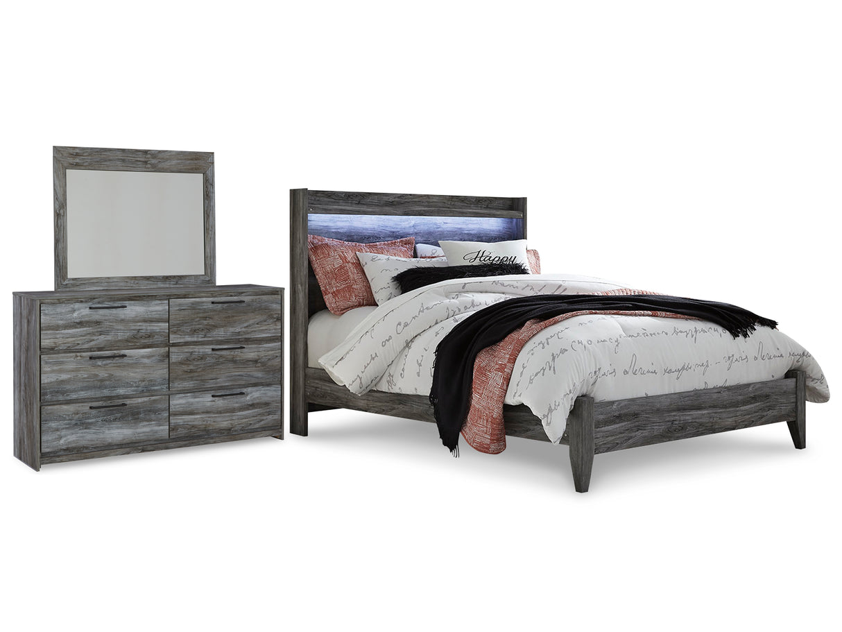 Baystorm Queen Panel Bed with Mirrored Dresser in Gray - PKG014538