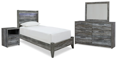 Baystorm Twin Panel Bed with Mirrored Dresser and Nightstand in Gray - PKG019246