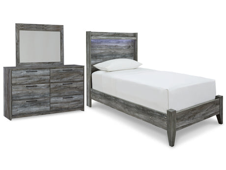 Baystorm Twin Panel Bed with Mirrored Dresser in Gray - PKG014540