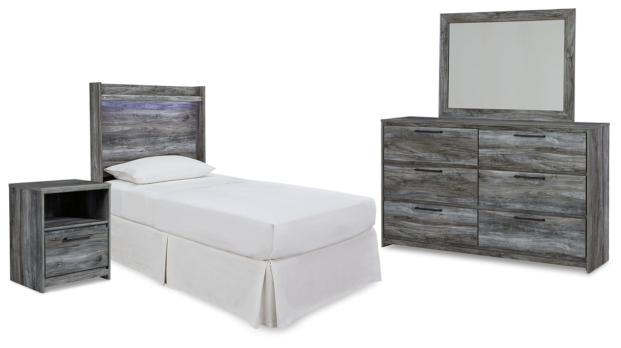 Baystorm Twin Panel Headboard with Mirrored Dresser and Nightstand in Gray - PKG014084