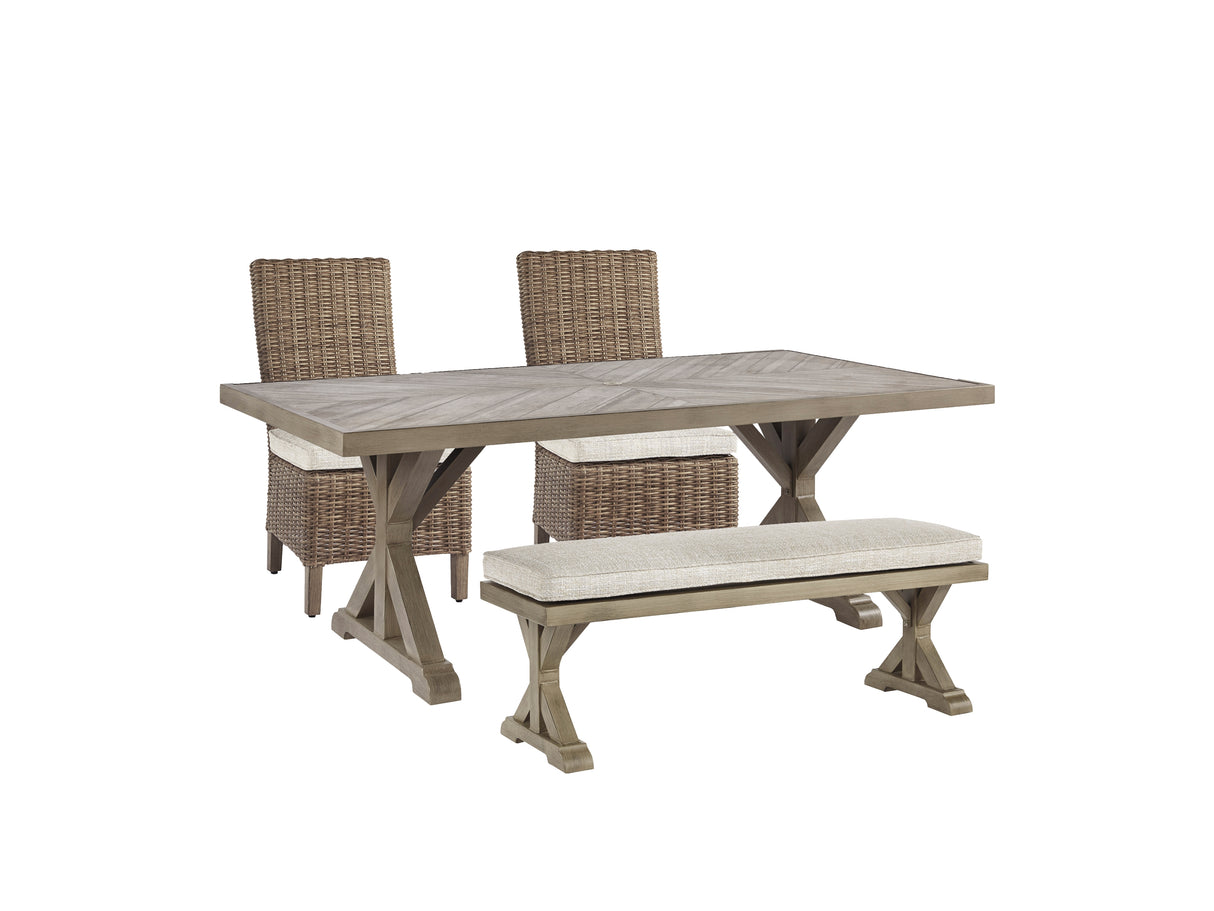 Beachcroft Outdoor Dining Table and 2 Chairs and 2 Benches in Beige - PKG000283