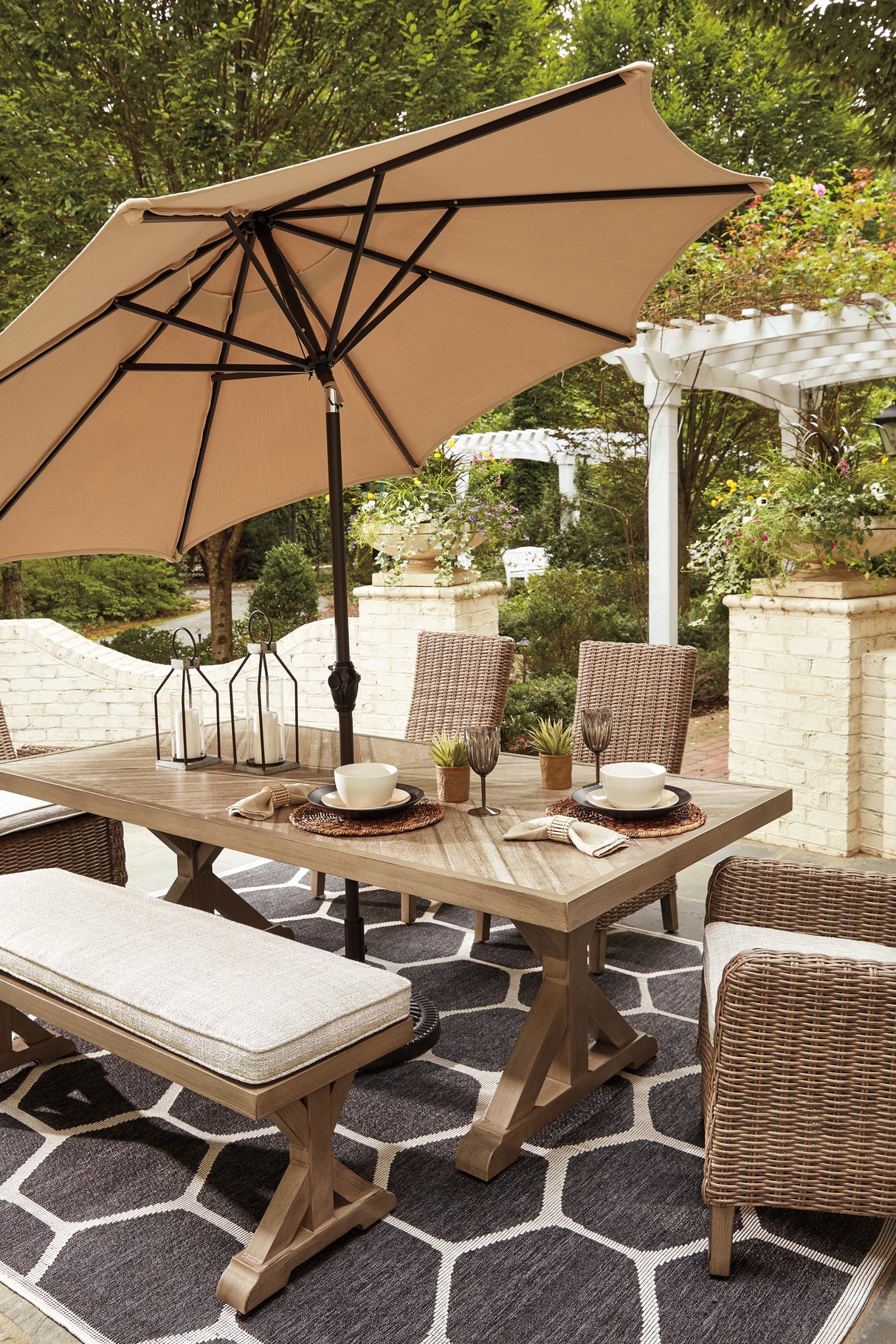 Beachcroft Outdoor Dining Table and 2 Chairs and 2 Benches in Beige - PKG000283