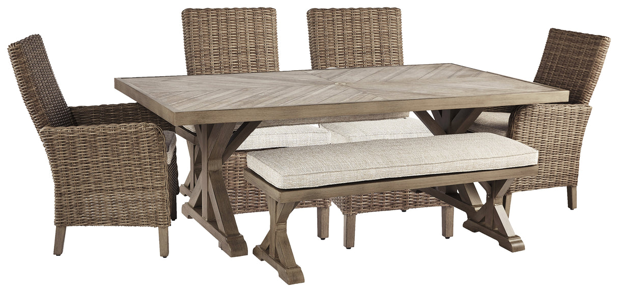 Beachcroft Outdoor Dining Table and 4 Chairs and Bench in Beige - PKG000284