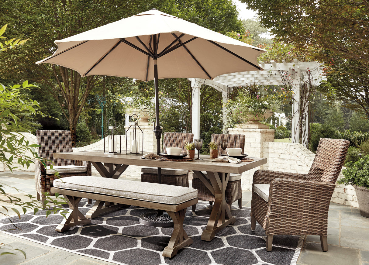 Beachcroft Outdoor Dining Table and 4 Chairs and Bench in Beige - PKG000284