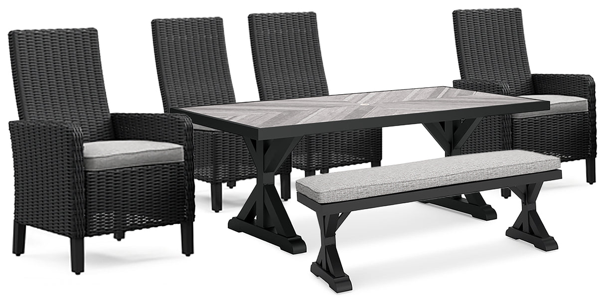 Beachcroft Outdoor Dining Table and 4 Chairs and Bench in Black/Light Gray - PKG016790