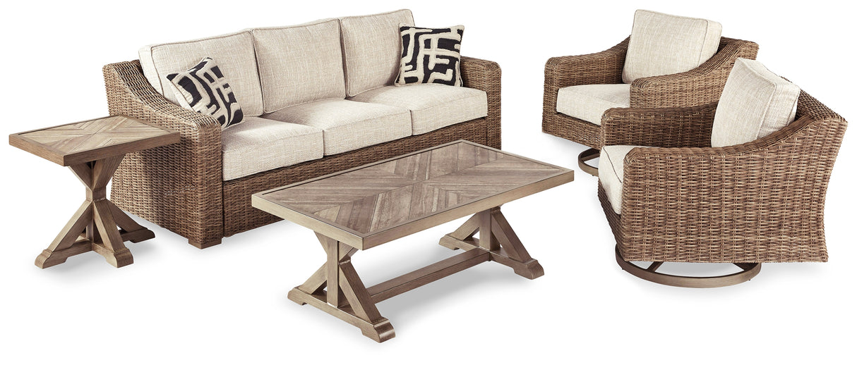 Beachcroft Outdoor Sofa and  2 Lounge Chairs with Coffee Table and 2 End Tables in Beige - PKG014578