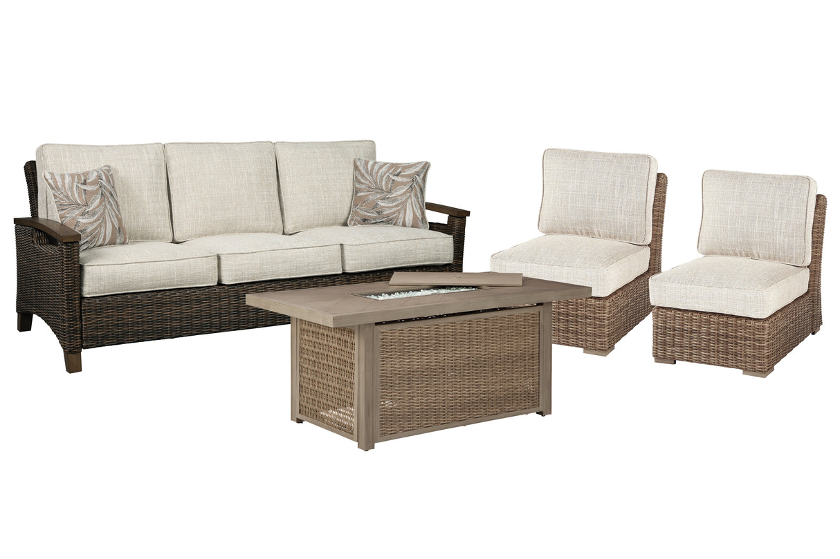 Beachcroft Outdoor Sofa and 2 Lounge Chairs with Fire Pit Table in Beige - PKG012919