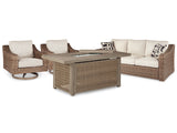 Beachcroft Outdoor Sofa and 2 Lounge Chairs with Fire Pit Table in Beige - PKG014579