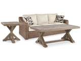 Beachcroft Outdoor Sofa with Coffee Table and End Table in Beige - PKG014431