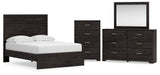 Belachime Full Panel Bed with Mirrored Dresser and Chest in Charcoal - PKG018415