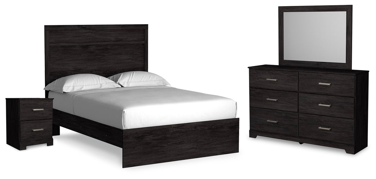 Belachime Full Panel Bed with Mirrored Dresser and Nightstand in Charcoal - PKG018414