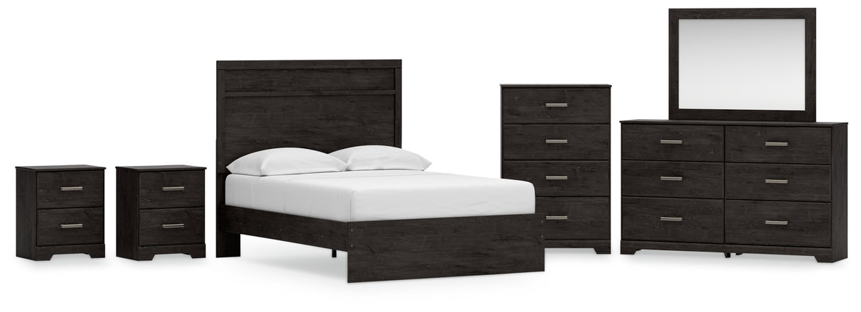 Belachime Full Panel Bed with Mirrored Dresser, Chest and 2 Nightstands in Charcoal - PKG018413