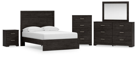 Belachime Full Panel Bed with Mirrored Dresser, Chest and Nightstand in Charcoal - PKG018416