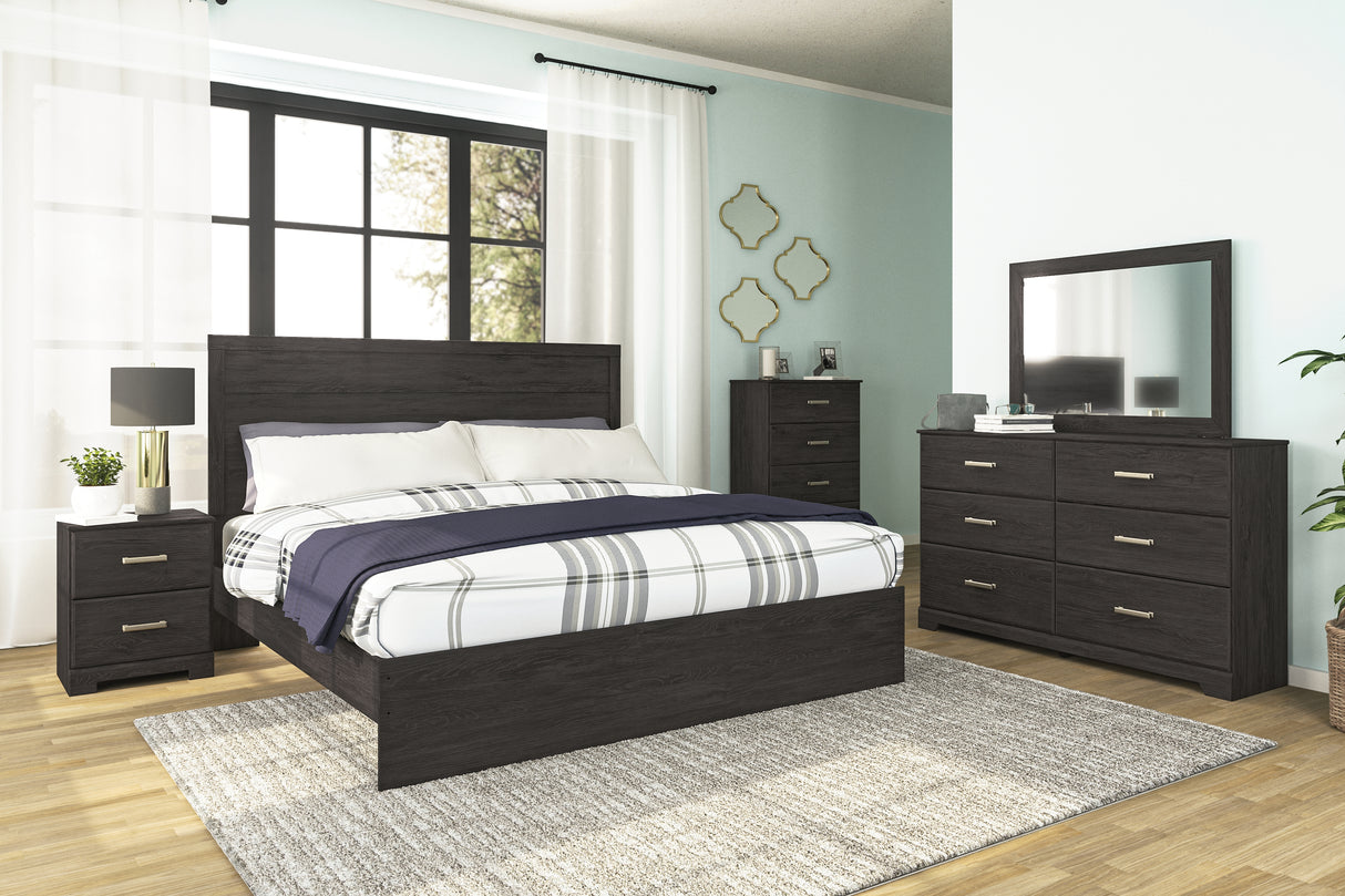 Belachime King Panel Bed with Mirrored Dresser and Chest in Charcoal - PKG018406