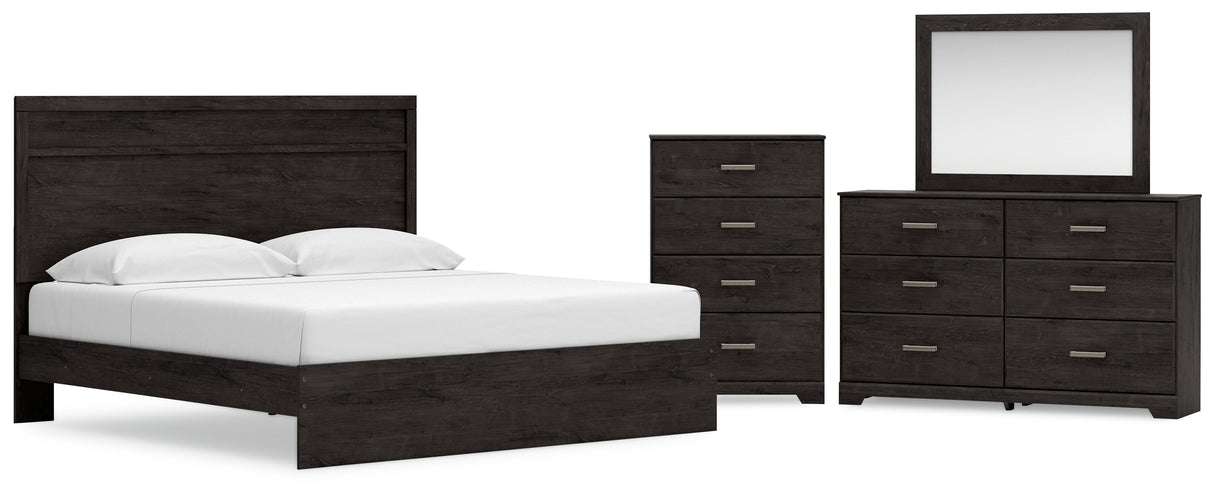 Belachime King Panel Bed with Mirrored Dresser and Chest in Charcoal - PKG018406