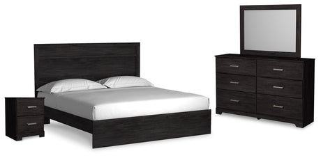 Belachime King Panel Bed with Mirrored Dresser and Nightstand in Charcoal - PKG018405