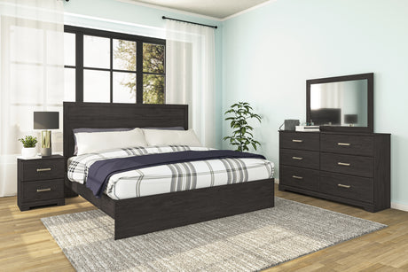 Belachime King Panel Bed with Mirrored Dresser and Nightstand in Charcoal - PKG018405