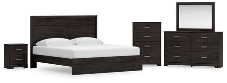 Belachime King Panel Bed with Mirrored Dresser, Chest and Nightstand in Charcoal - PKG018407