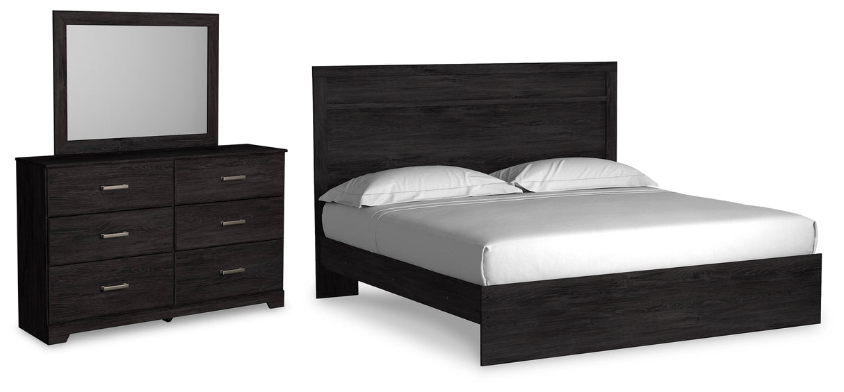 Belachime King Panel Bed with Mirrored Dresser in Charcoal - PKG018402