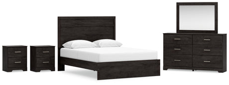 Belachime Queen Panel Bed with Mirrored Dresser and 2 Nightstands in Charcoal - PKG018394