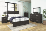 Belachime Queen Panel Bed with Mirrored Dresser and Chest in Charcoal - PKG018397