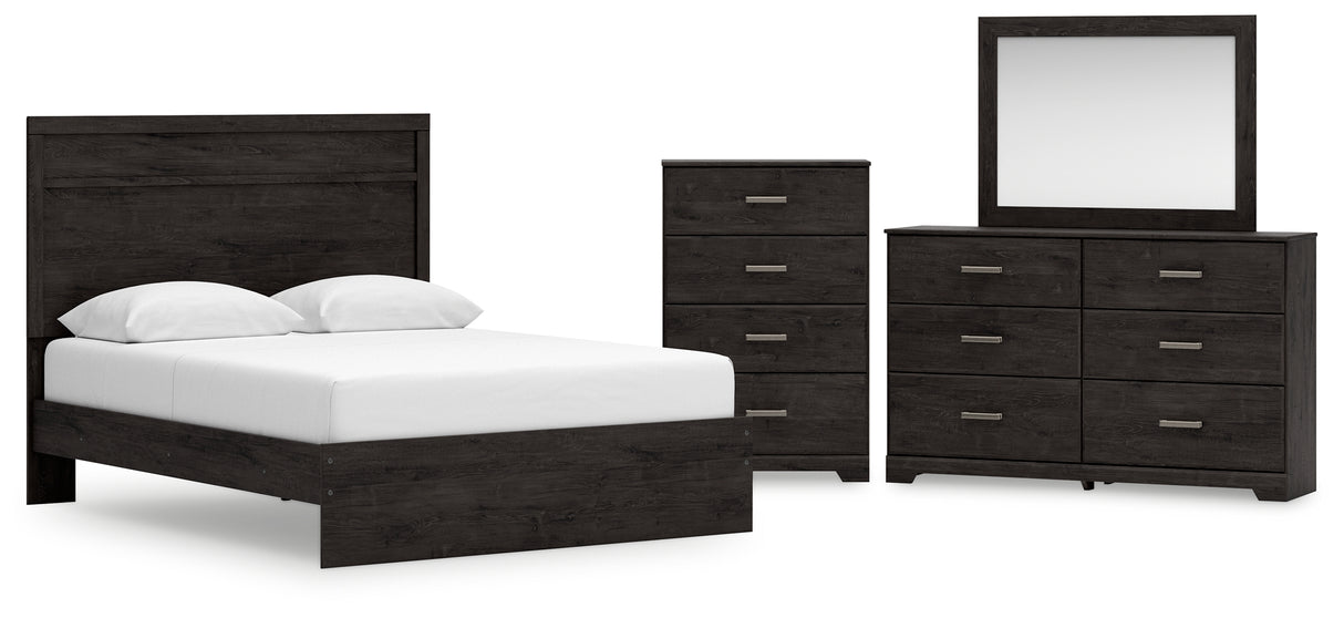 Belachime Queen Panel Bed with Mirrored Dresser and Chest in Charcoal - PKG018397