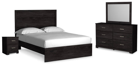 Belachime Queen Panel Bed with Mirrored Dresser and Nightstand in Charcoal - PKG018396