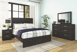 Belachime Queen Panel Bed with Mirrored Dresser and Nightstand in Charcoal - PKG018396